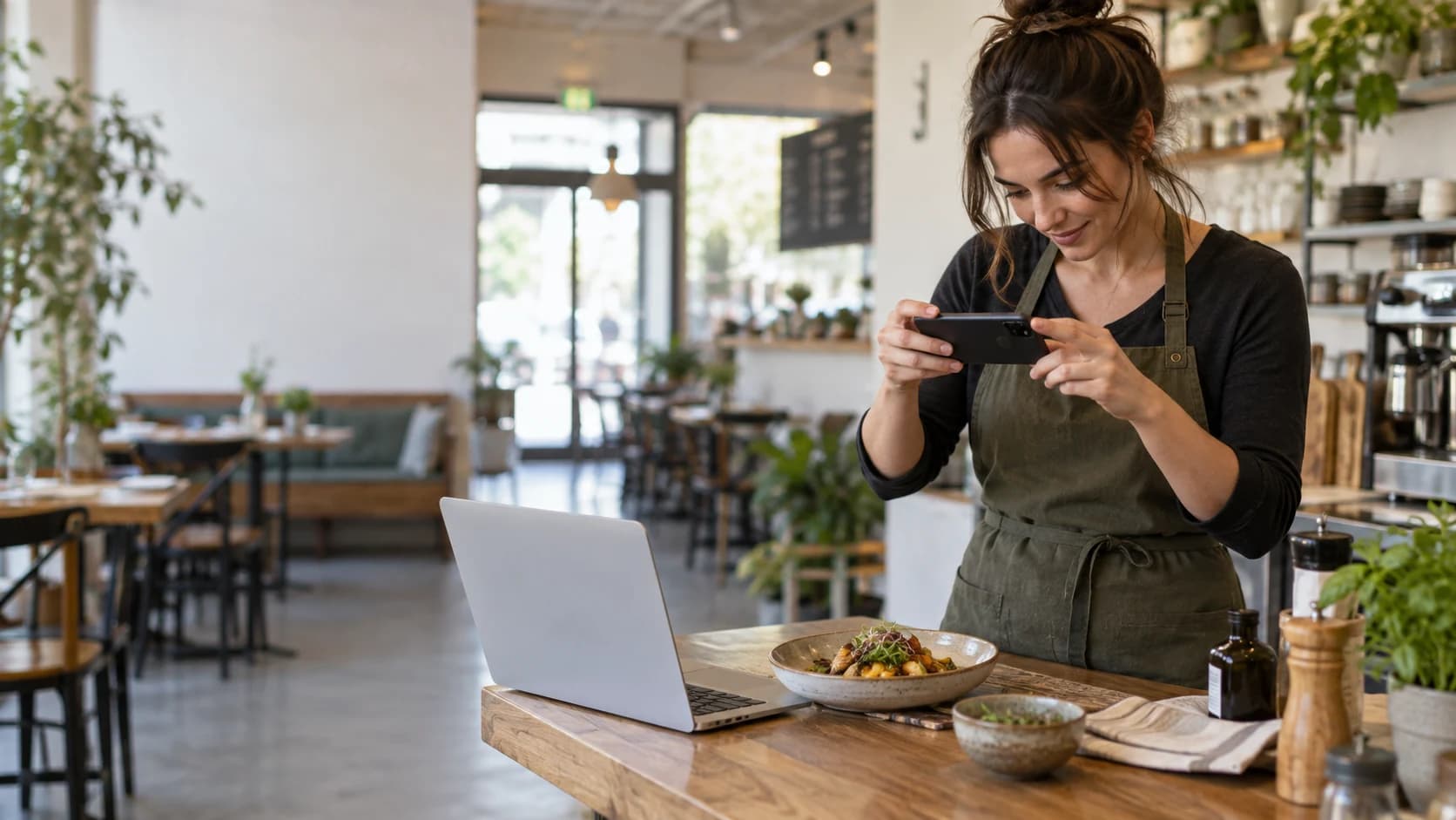 A small-business owner reviews a planned social media post before scheduling it